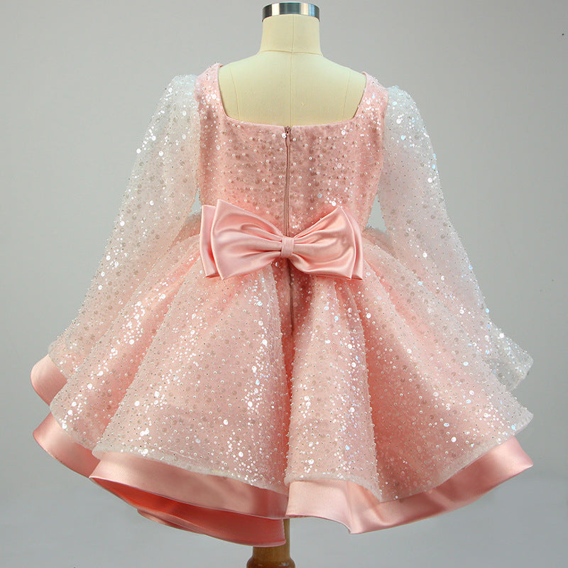 Girl Formal Princess Dresses Baby Girl Bow Mesh Long Sleeve Sequined Christening Dress