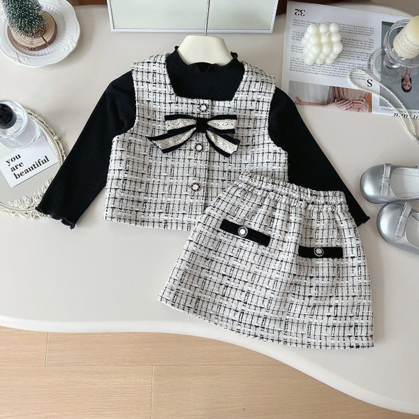 Girls' New Autumn Vest Bottoming Shirt and Short Skirt Three-piece Set