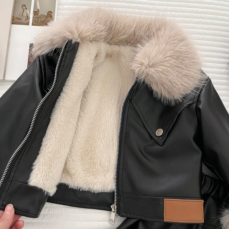 Girls' Winter PU Leather Pleated Skirt Two-Piece Set