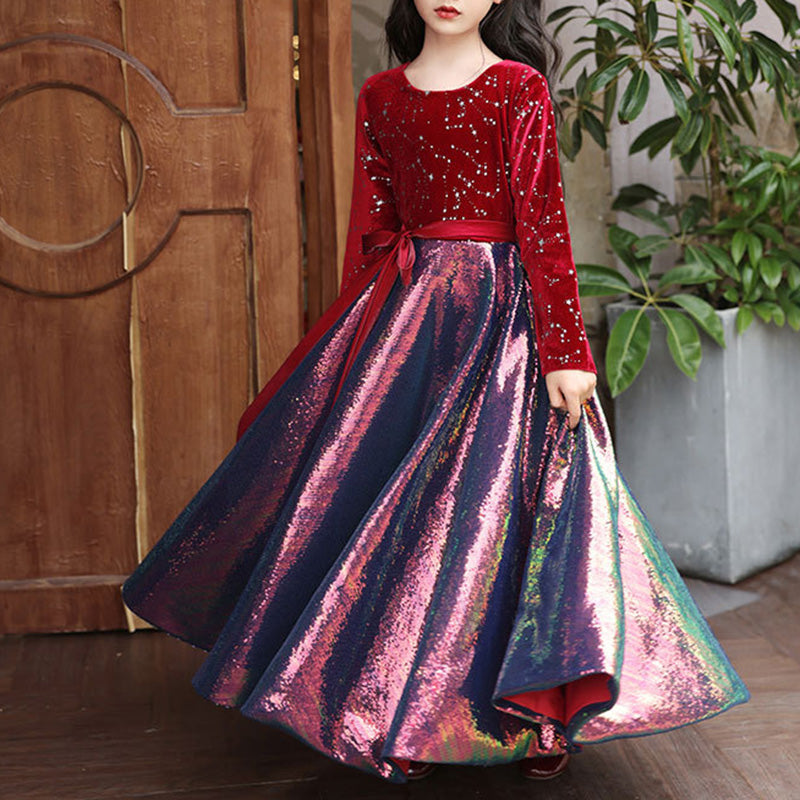 burgundy dress for toddler girl Sunnypetal Burgundy Long Sleeves V-Neck Sequin Toddler Girl Glitz Tulle Dress