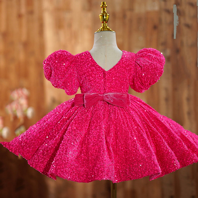Elegant Baby Girls Rose Red Square Neck Sequined Puff Dress Toddler Flower Girl Princess Dress