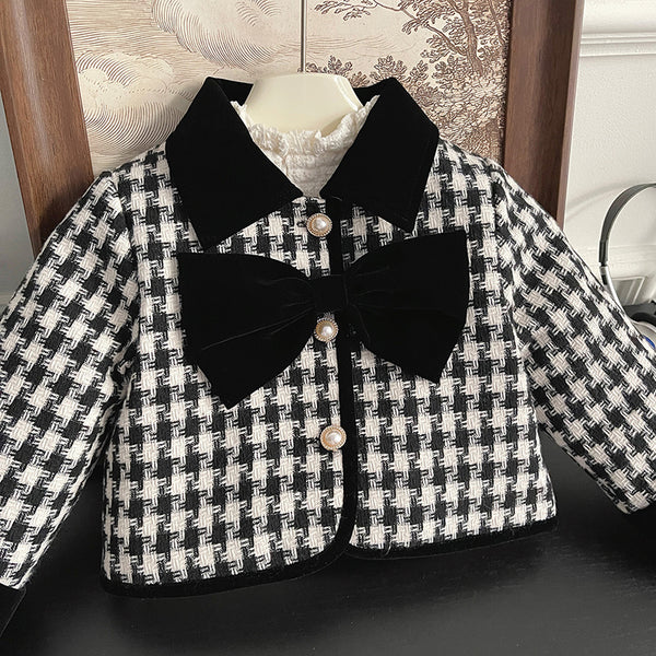 Cute Baby Girl New Year's Bow Plaid Two-piece Coat and Skirt
