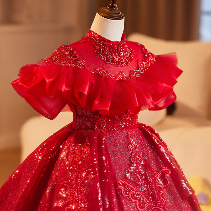 Red Girls Birthday Dress Children's Prom Princess Dress Flower Girl Wedding Dress