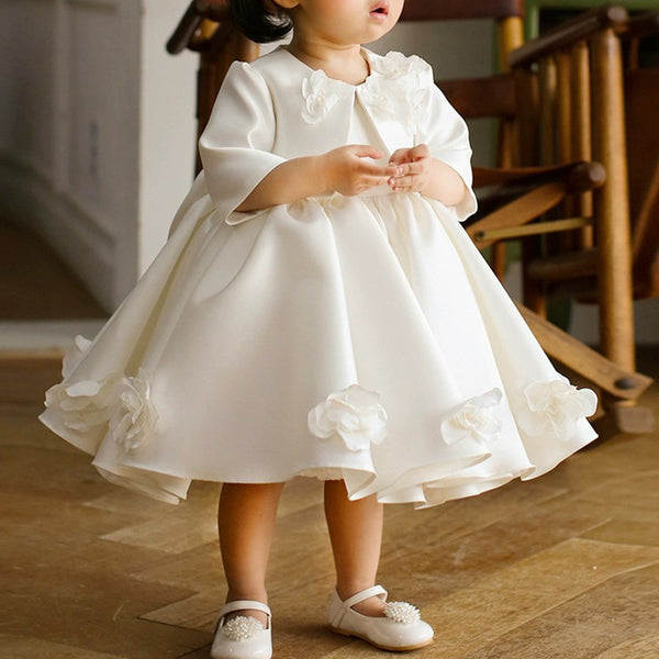 Elegant Baby White Bow Birthday Puffy Dresses Toddler Christening Dresses, Dress(With coat) / 3-4 Years (110cm)