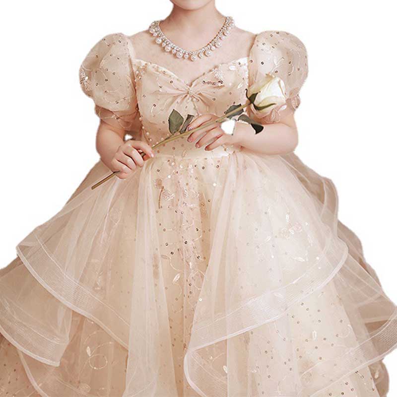 Cute Baby Girl Birthday Party Dress Beaded Bow Princess Dress