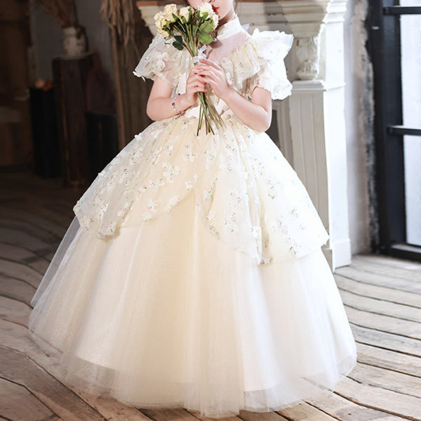 Flower Girl Dress Children Concealed Zip Stand Collar Flower Puffy Princess Dress