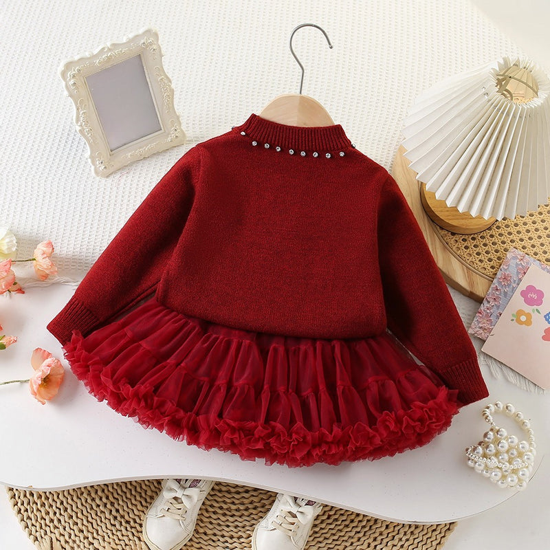 Girls Christmas Knitted Cardigan Mesh Tulle Tutu Skirt Two-Piece Set