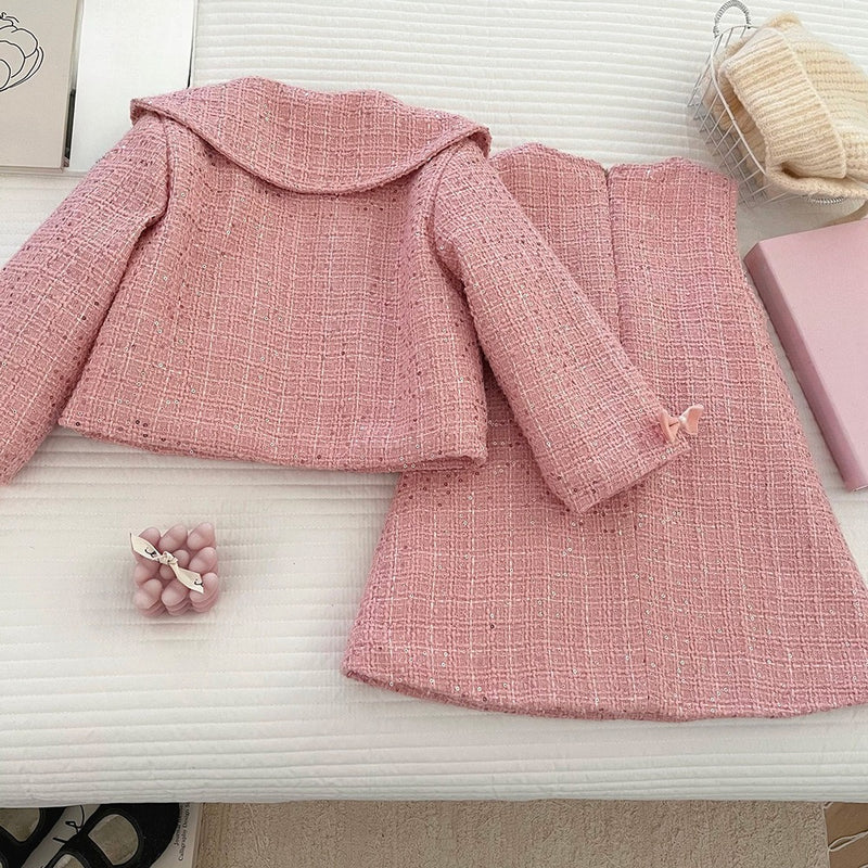 Girls' Winter Heart-Shaped Lace Coat Vest Dress Two-Piece Set