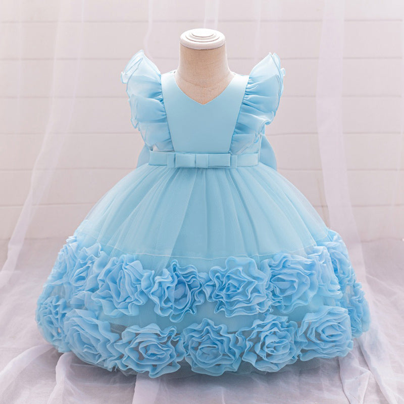 Birthday Dress with Floral Skirt and Small Flying Sleeves