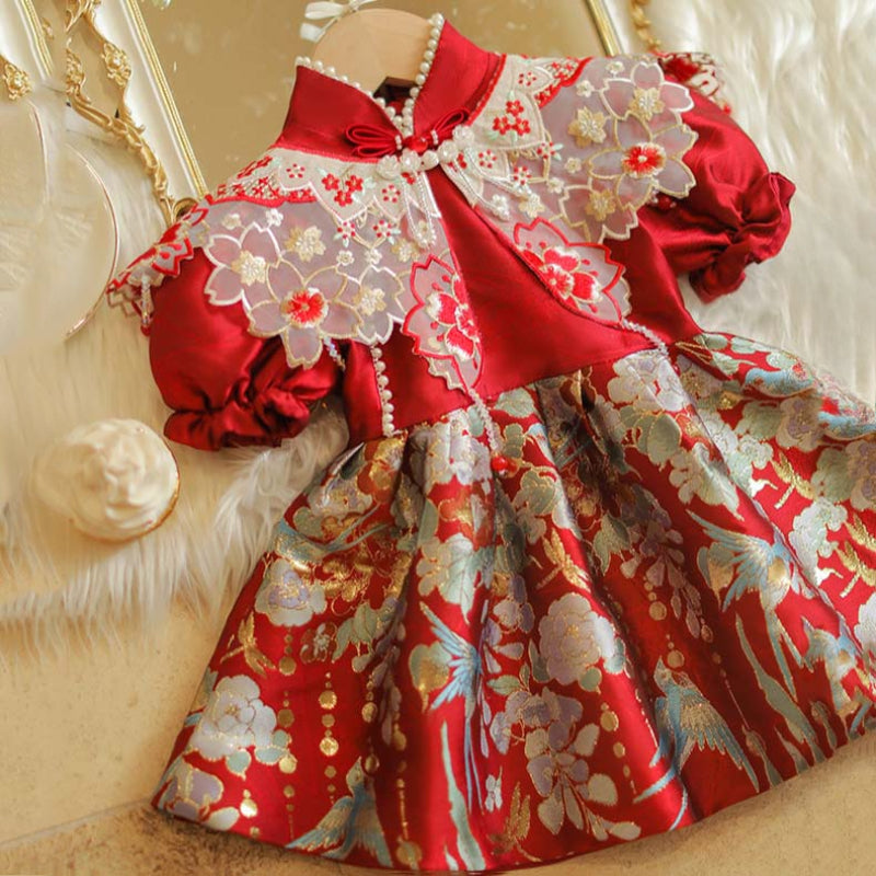 Girls Red Birthday Dress Baby Girl Cheongsam Princess Dress