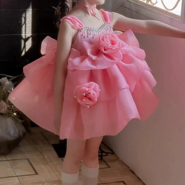 Children's Pink Rose Birthday Princess Dress Flower Girl Fluffy Dress