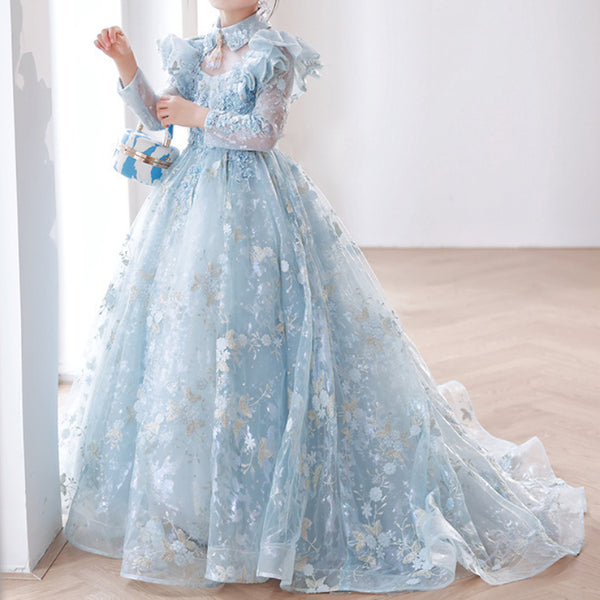 Girls Blue Birthday Party Dress Flower Girl Wedding Princess Dress
