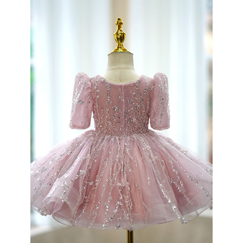 Elegant Baby Girl Pink Sequined Puff Birthday Dress Toddler Ball Gowns