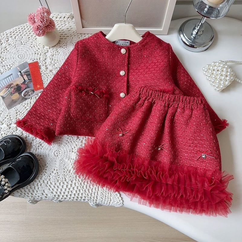 New Girls' Winter Christmas Coat Skirt Two-piece Set