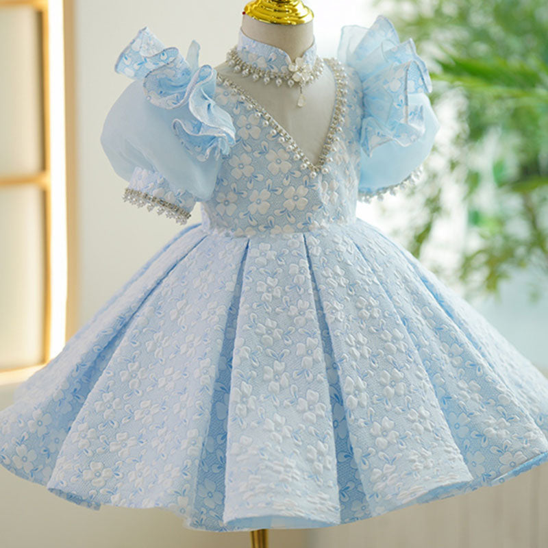 Baby Girl Pearl Neckline Puff Sleeves Flower Pageant Princess Dress