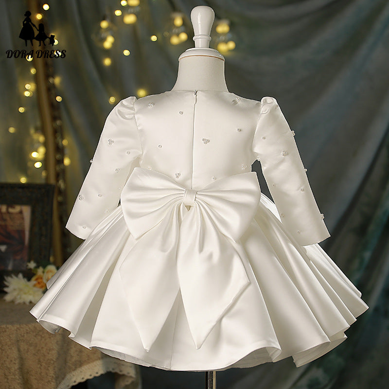 long sleeve bow dress Baby Girl White Beaded Long Sleeve Bow Baptism Dress
