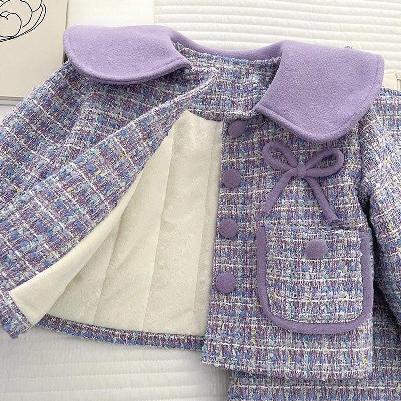 Girls' Winter Collared Plaid Coat Vest Dress Two-Piece Set