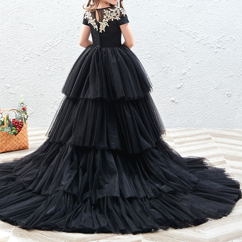 Girls Tulle Tail Dress Flower Black Princess Dress