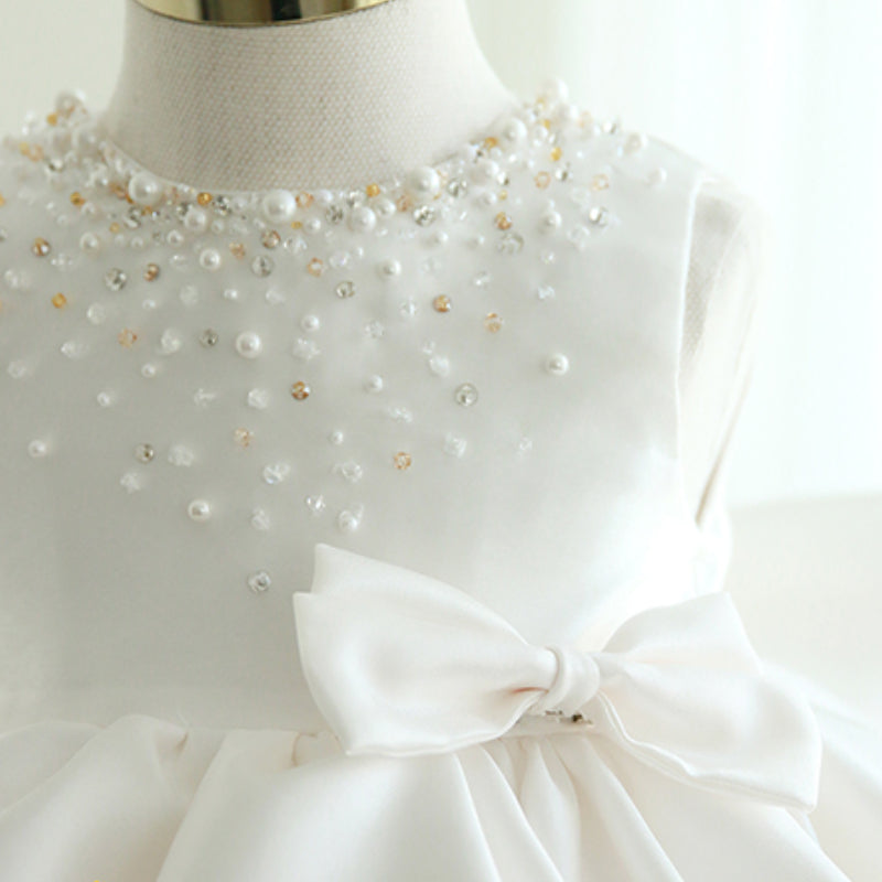 Toddler Birthday Party Wedding Baptism Dresses Bow Bead Princess Dress