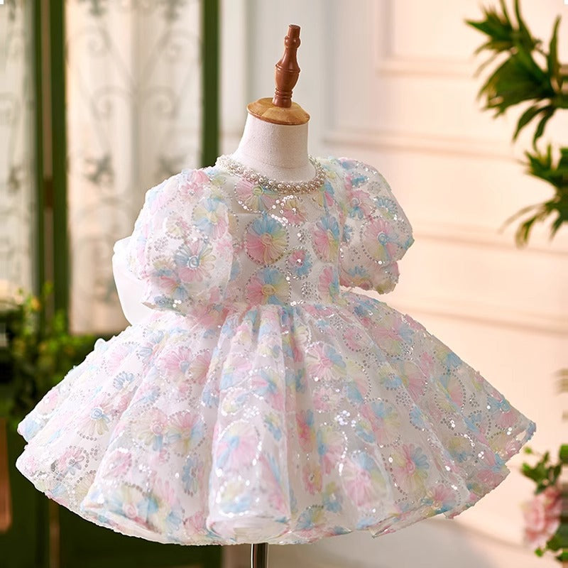 Elegant Baby Sequined Floral Puff Sleeve Flower Girl Dress Toddler Ball Gown