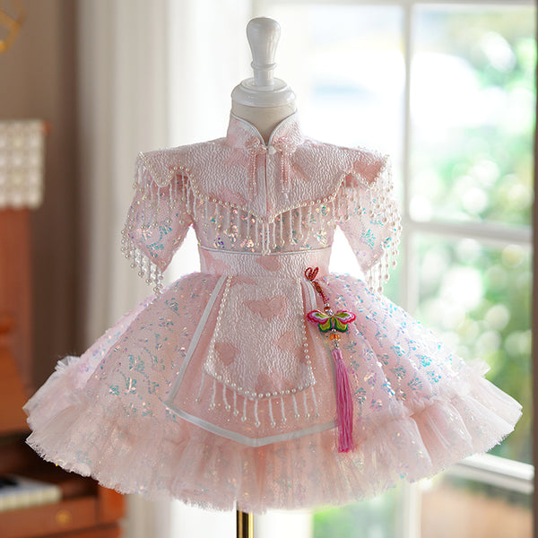 Elegant Baby Girls Pink Button Pageant Dresses Toddler Girl Birthday Dresses
