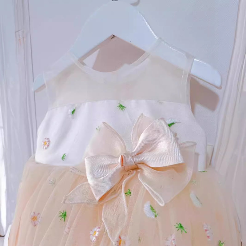 Cute Baby Embroidered Mesh Bow Princess Dress Toddler Flower Girl Dresses