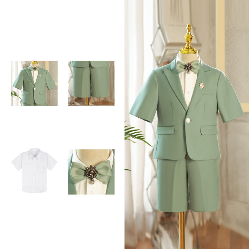 Boys Summer Gentleman Bow Tie Green British Suit Set