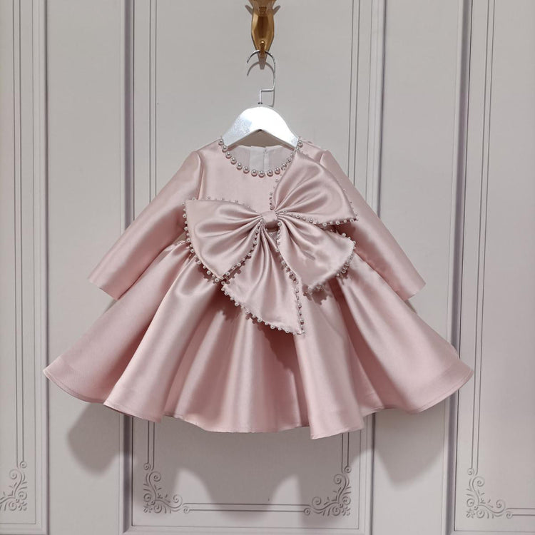 Baby Girl Pageant Big Bow Knot Pearl Long Sleeve Princess Dress