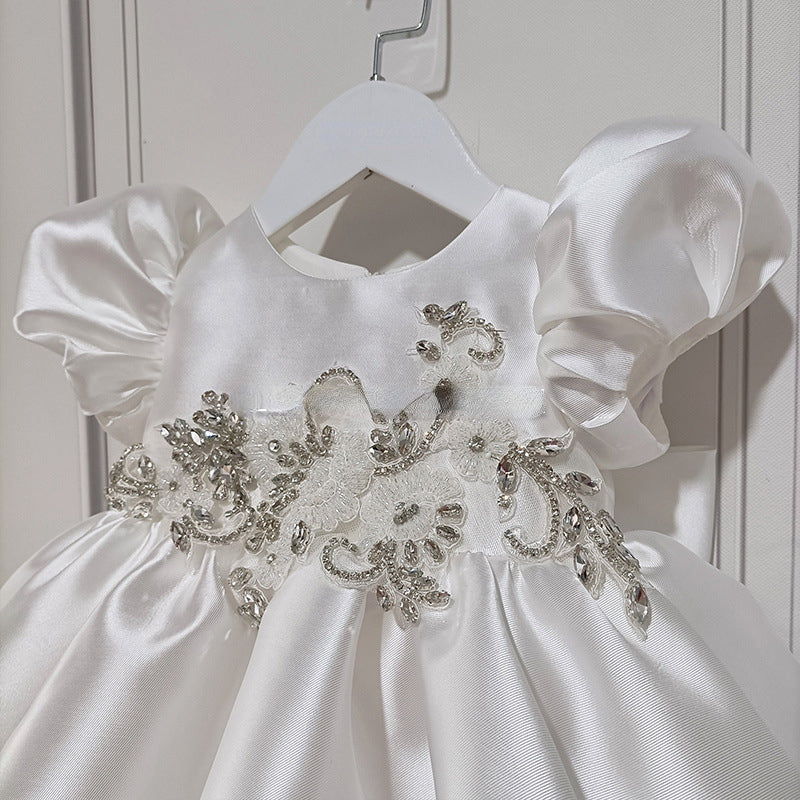 Cute Baby Girl White Satin Three-dimensional Flower First Communion Dress Toddler Prom Dress