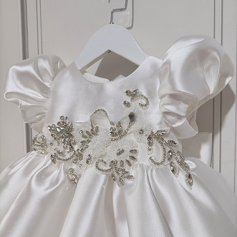 girls white satin dress Long Satin and Beaded Dress in White