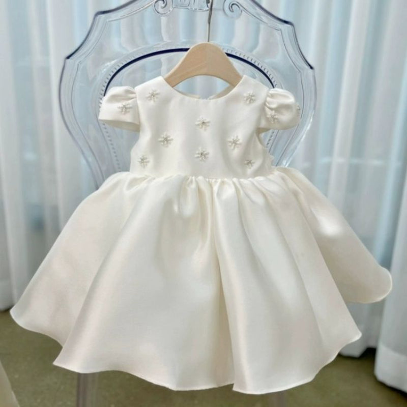 Elegant Baby Girl White Satin Puff Princess Dresses for Girls Flower Girl Dress