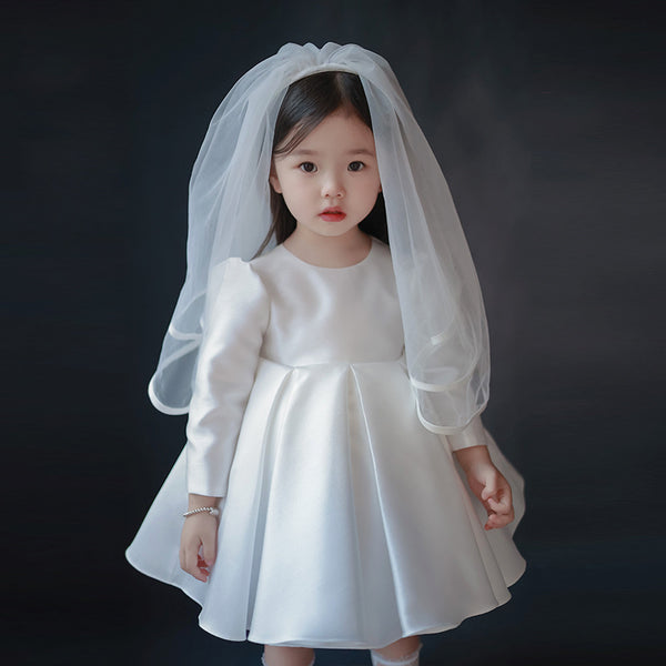 Cute Baby White Satin Long-sleeved One-year-old Princess Dress Toddler Christening Dress