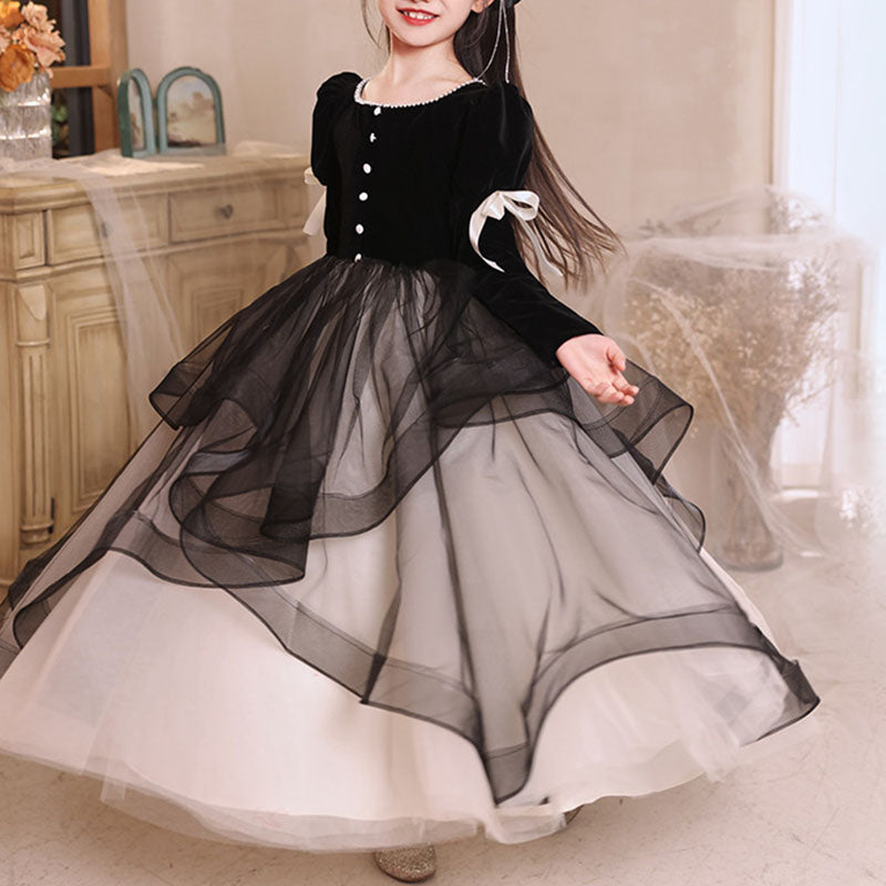 Elegant Baby Girls Black and White Long Sleeve Puffy Performance Princess Dress Toddler Birthday Party Princess Dress