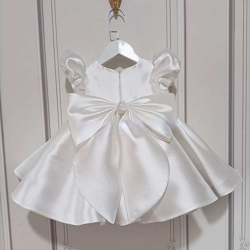 white satin communion dress White Lace & Glitter Tulle Dress: Satin Bodice, Pearl Detail, Communion Dress with Bow