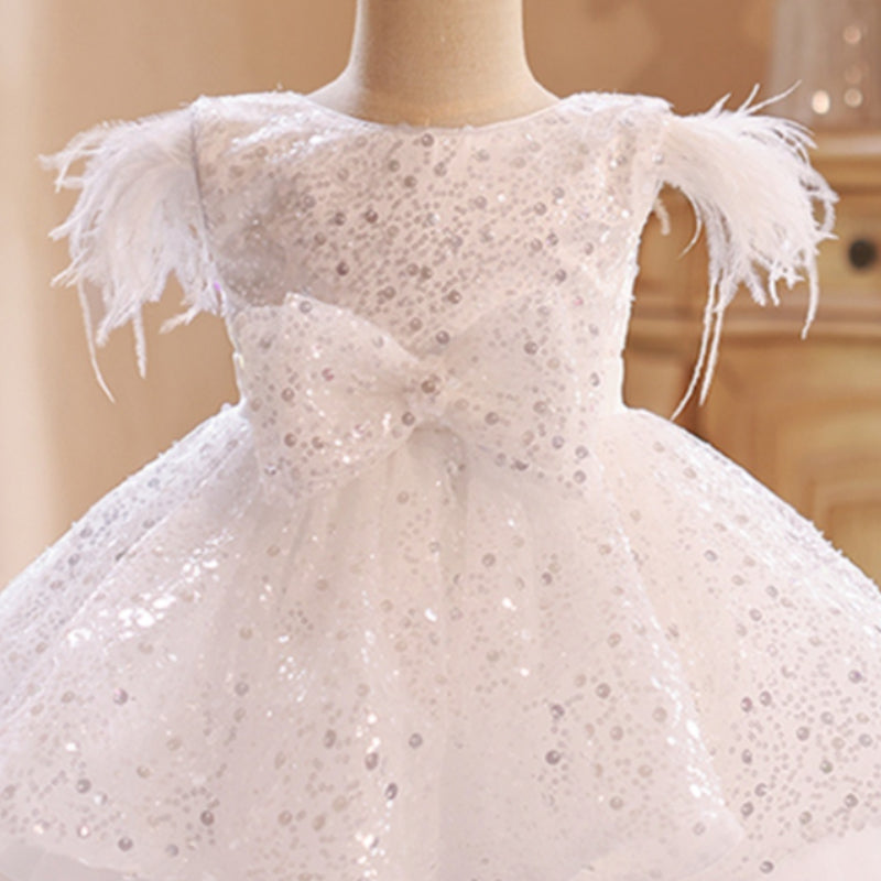 Cute Flower Girl Sleeveless Fringe Removable Bow Sequins Princess Dress