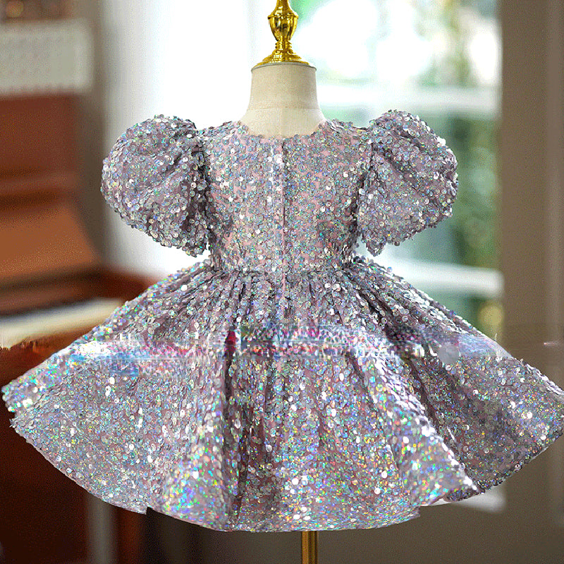 Elegant Baby Silver Sequin Puff Sleeve Pleated Party Dress Toddler Prom Dress