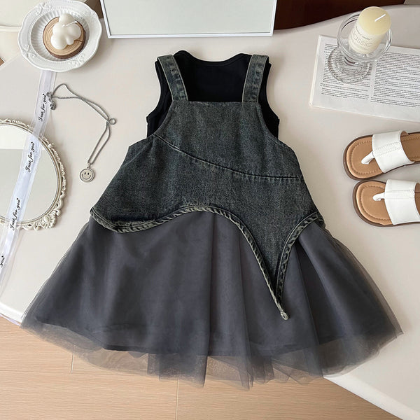 Girls Mesh Patchwork Denim Vest Suspender Skirt Two-piece Set