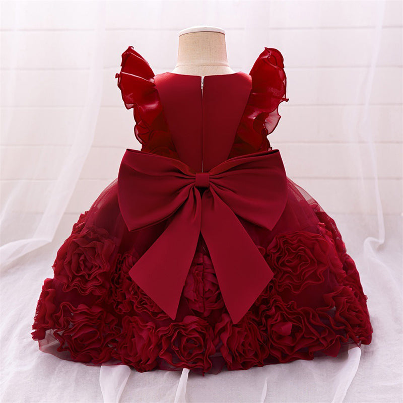 Birthday Dress with Floral Skirt and Small Flying Sleeves