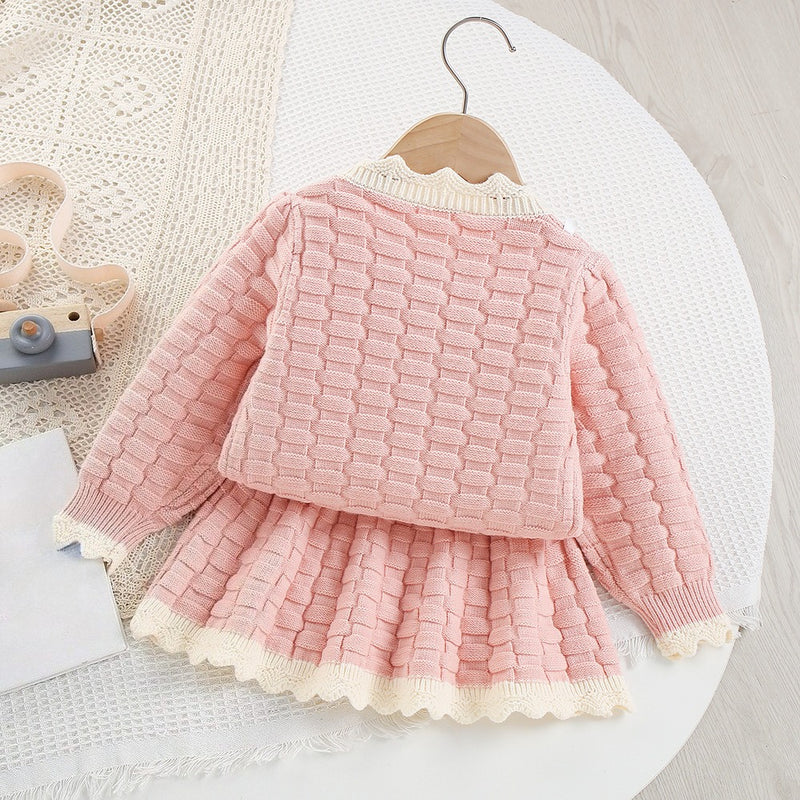 Girls' Cartoon Knitted Cardigan Short Skirt Two-Piece Set