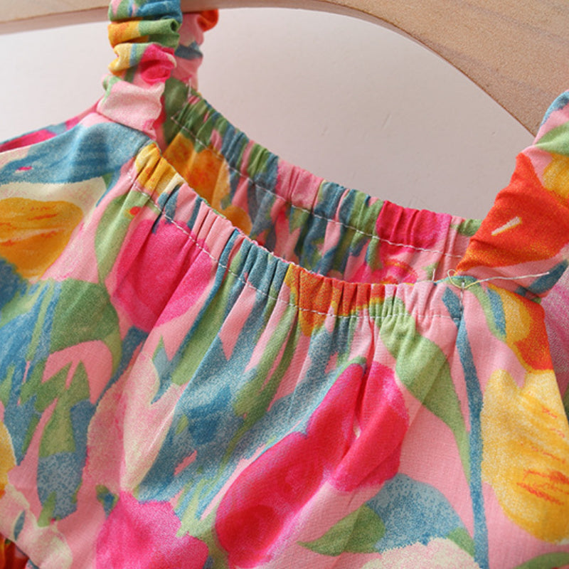 Summer New Girls Printed Suspender Cotton Cake Dress
