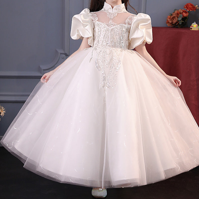 Baby Girl Wedding Birthday Pageant Stand Collar Mesh Princess Dress