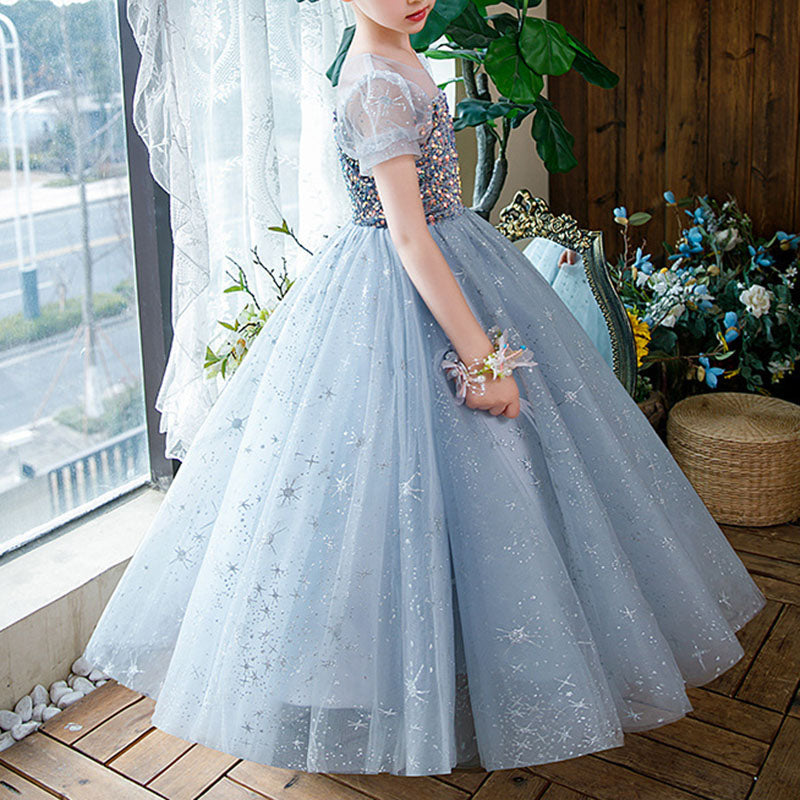 Elegant Baby Girls Blue Puff Sleeve Sequined Mesh Flower Girl Princess Dress Toddler Girls Pageant Dresses