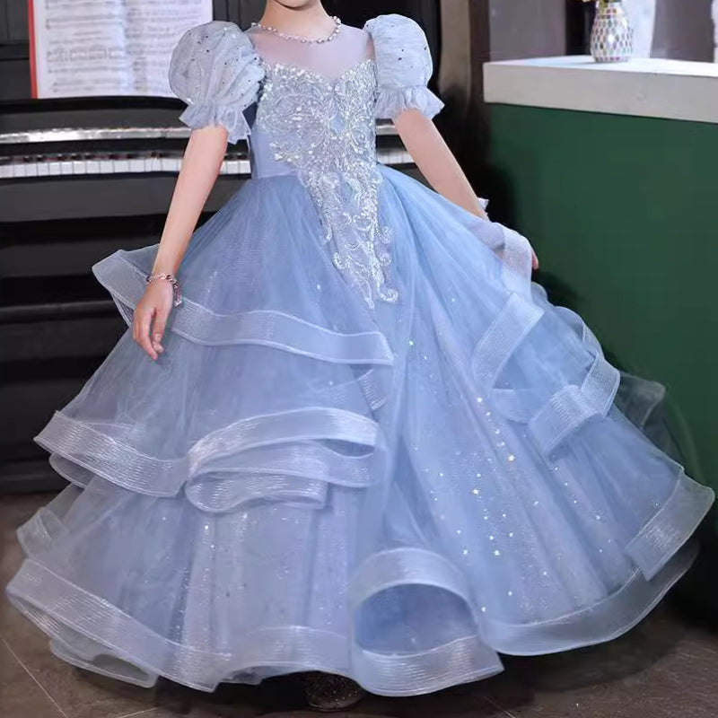 Girls Blue Ball Princess Dress Girl Birthday Party Dress