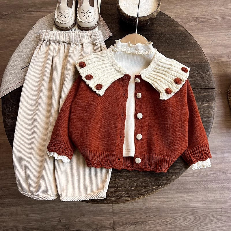Girls Christmas Sweater Cardigan Bottoming Shirt Pants Three-piece Set