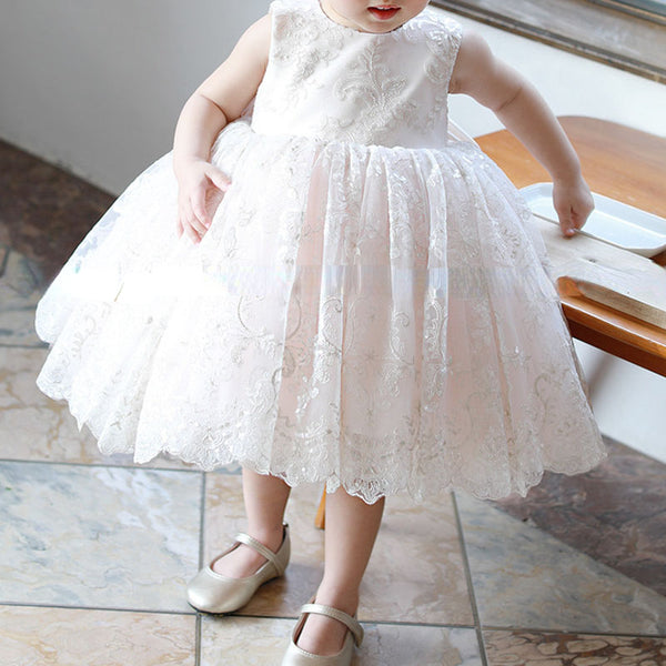 Sweet Baby Girls Sleeveless White Patterned Mesh Puffy Princess Dress Toddler Baptism Dresses