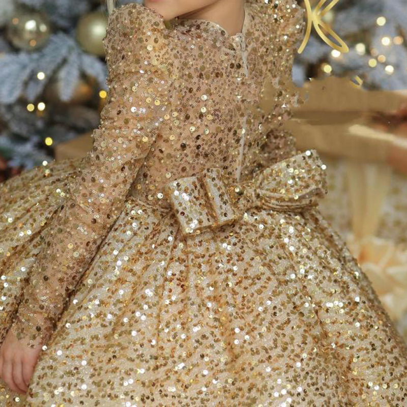 Baby Girl Fluffy Sequin Ball Gown Long Sleeve Birthday Party Princess Dress