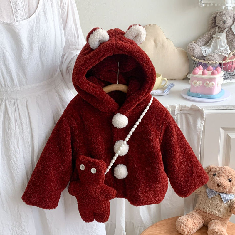 Girls Hooded Pom Pom Coat Children's Floral Pants Two-piece Set