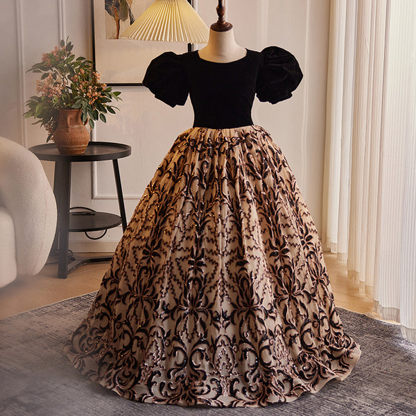 Elegant Baby Girls Black and Gold Puff Sleeve Pattern Princess Dress Toddler Prom Dress