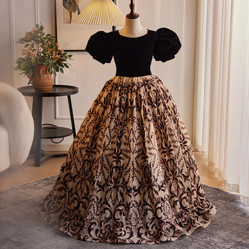 Elegant Baby Girls Black and Gold Puff Sleeve Pattern Princess Dress Toddler Prom Dress Elegant Baby Girls Black and Gold Puff Sleeve Pattern Princess Dress Toddler Prom Dress
