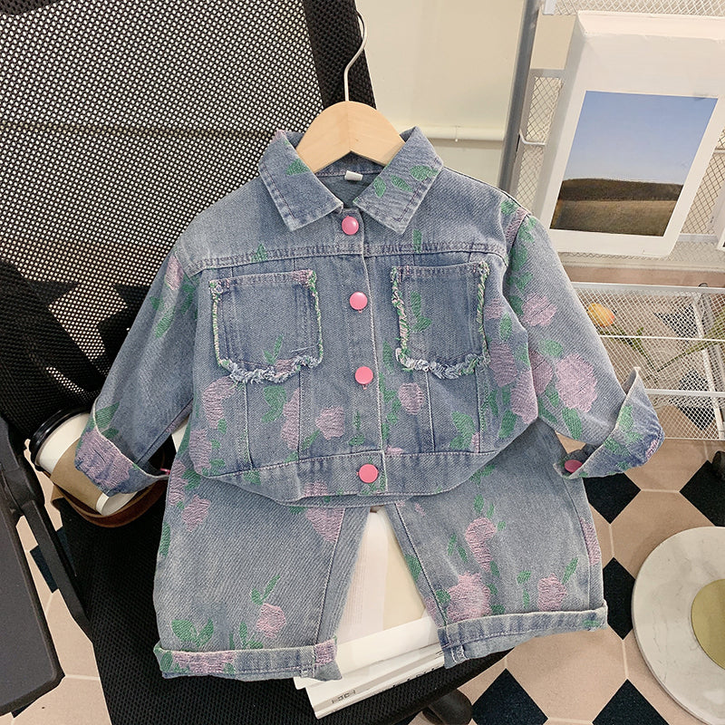 Girls Spring Suit Children's Denim Two-piece Suit